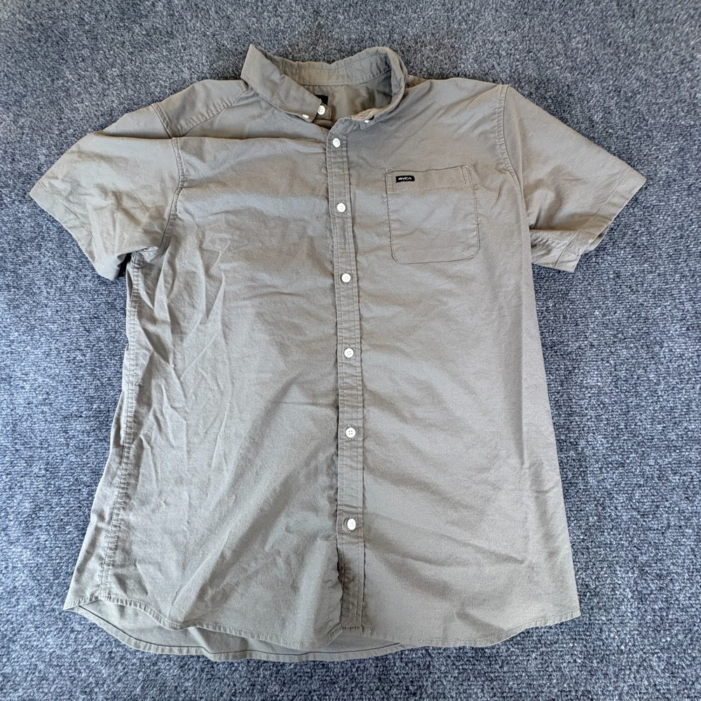 RVCA Shirt Mens XL Gray Khaki Cotton‎ Slim Fit Short Sleeve Button Up Casual